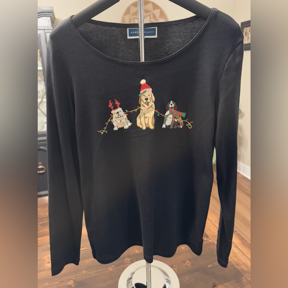 NWOT Karen Scott Black Long Sleeve Top with Festive Dog Design Size S